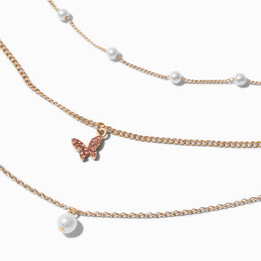 Pink Butterfly Gold-tone Pearl Multi-Strand Necklace,