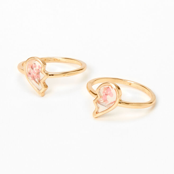 Gold Broken Heart Floral Rings - Pink, 2 Pack,