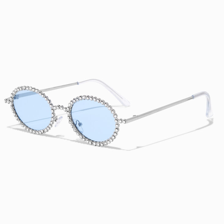 Crystal Studded Oval Blue Lens Sunglasses,