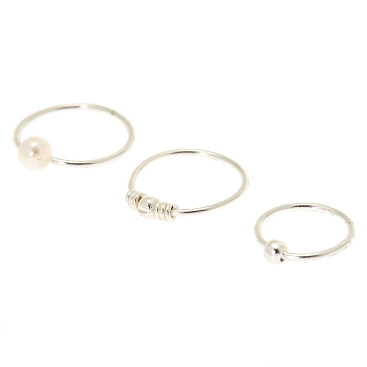Sterling Silver 22G Pearl Bead Nose Rings - 3 Pack,