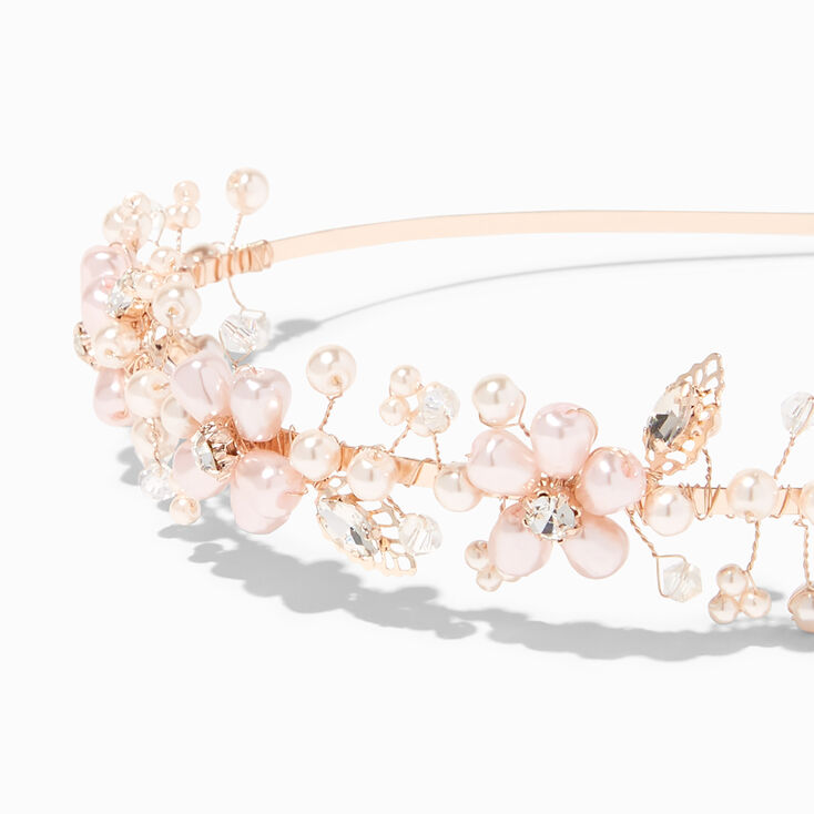 Rose Gold Crystal Pearl Flower Headband,