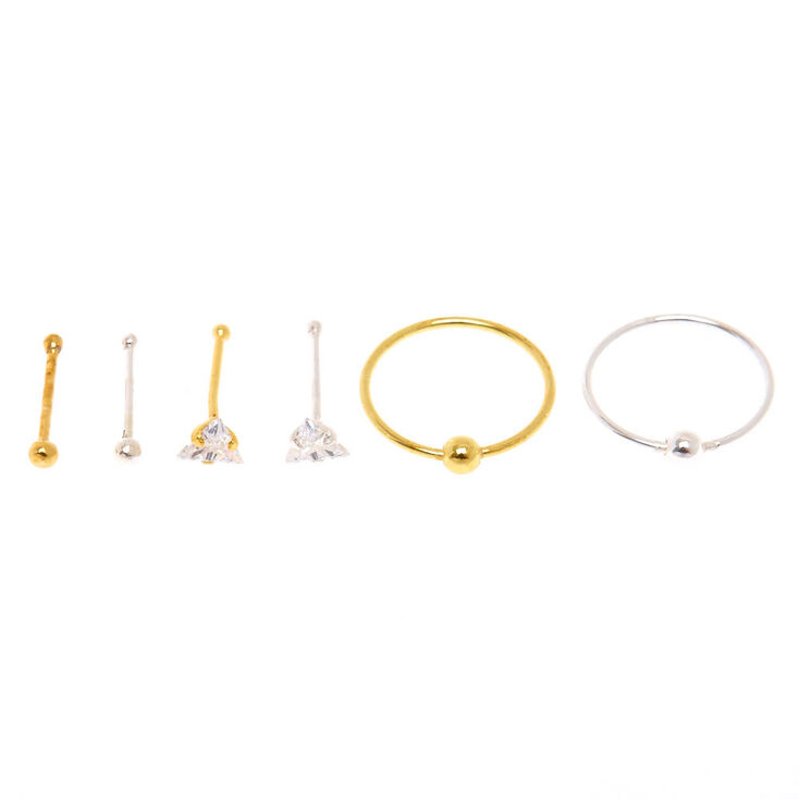 Sterling Silver Mixed Finish Nose Studs &amp; Hoops - 6 Pack,