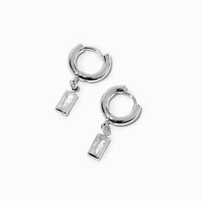 Silver-tone Cubic Zirconia Rectangle 10MM Huggie Hoop Earrings,