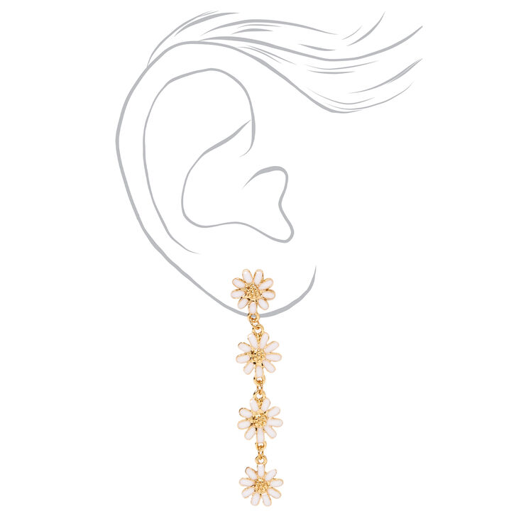 Gold 2&quot; Daisy Flower Linear Drop Earrings - White,