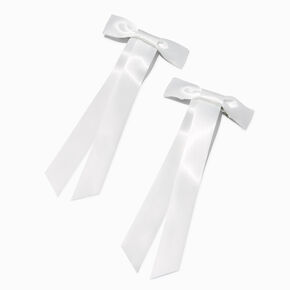 White Satin Long Tailed Hair Bow Clips - 2 Pack,