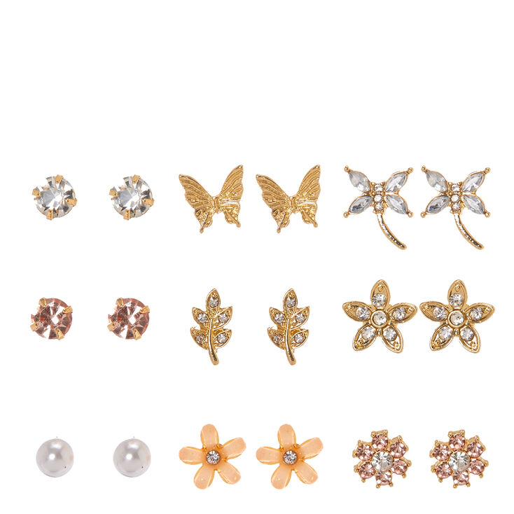 Gold Tone Nature Motif Stud Earrings,