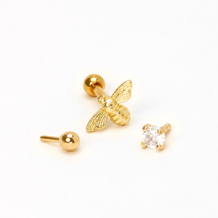 Gold 16G Bee, Crystal &amp; Ball Cartilage Stud Earrings - 3 Pack,