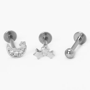 Silver Moon Star Flat Back Tragus Stud Earrings - 3 Pack,