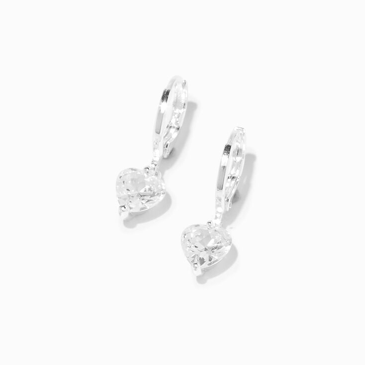 Silver 10MM Heart Cubic Zirconia Huggie Hoop Earrings,