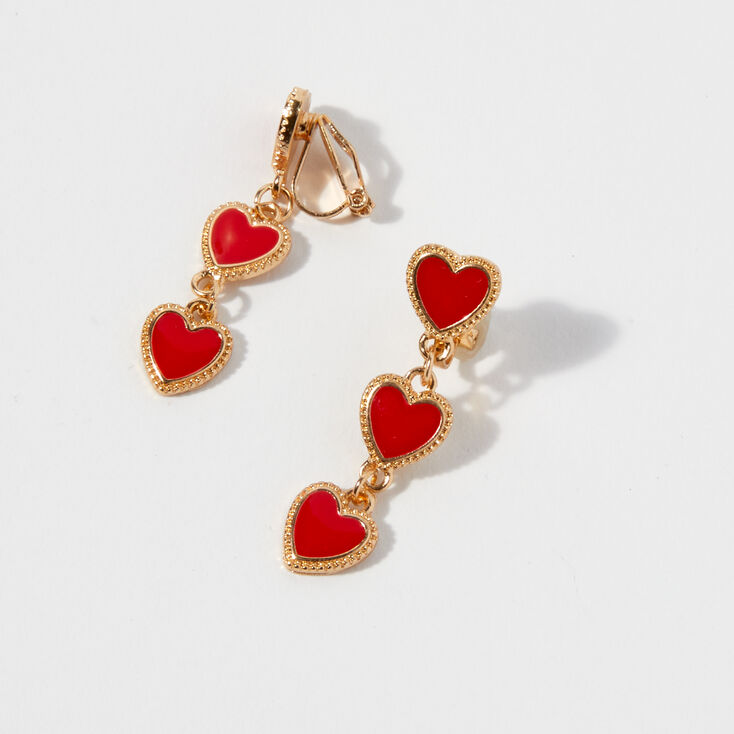 Gold 1.5&quot; Ornate Heart Linear Drop Clip-On Earrings,