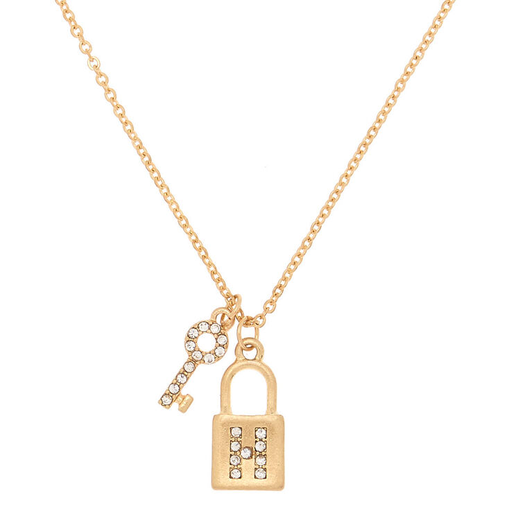 Gold Lock & Key Initial Pendant Necklace - H,
