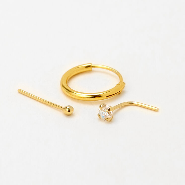 Gold Sterling Silver 22G Cubic Zirconia Stud &amp; Hoop Nose Rings - 3 Pack,