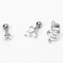 Silver 16G Embellished Snake Cartilage Stud Earrings - 3 Pack,