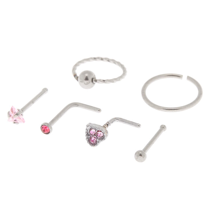 Silver 20G Heart Stud & Hoop Nose Rings - Pink, 6 Pack,