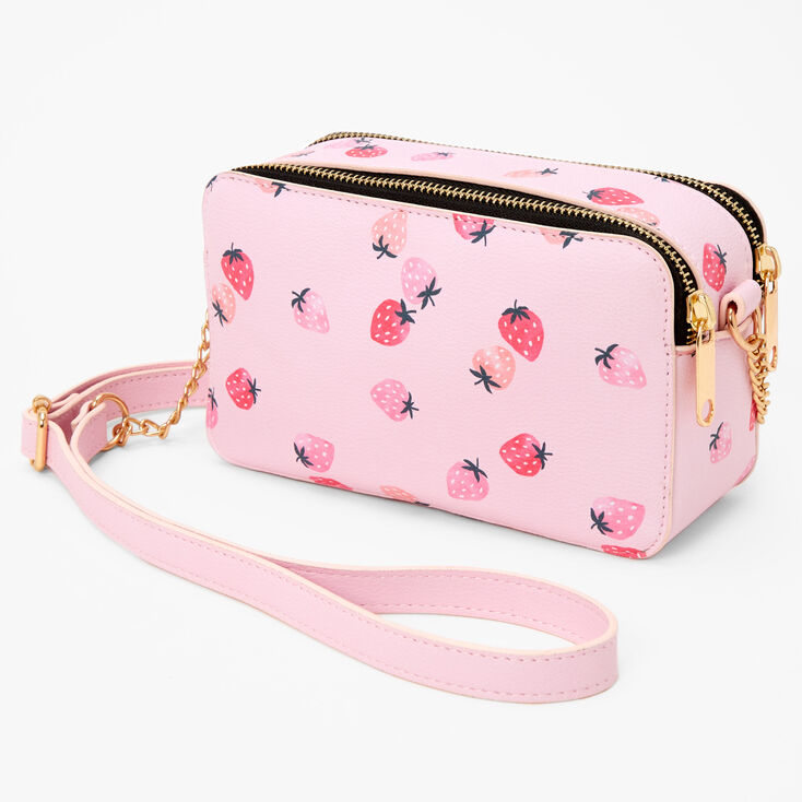 Pink Strawberry Print Camera Crossbody Bag,