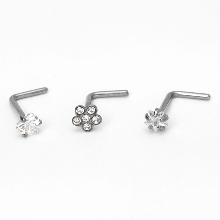 Silver-tone Titanium 20G Flower, Heart &amp; Star Nose Studs - 3 Pack,