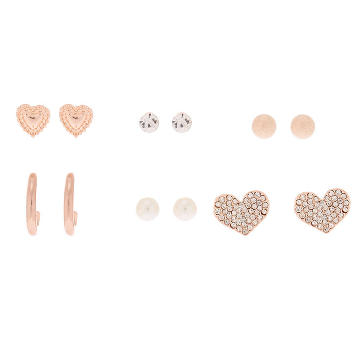 Rose Gold Mixed Heart Earrings - 6 Pack,