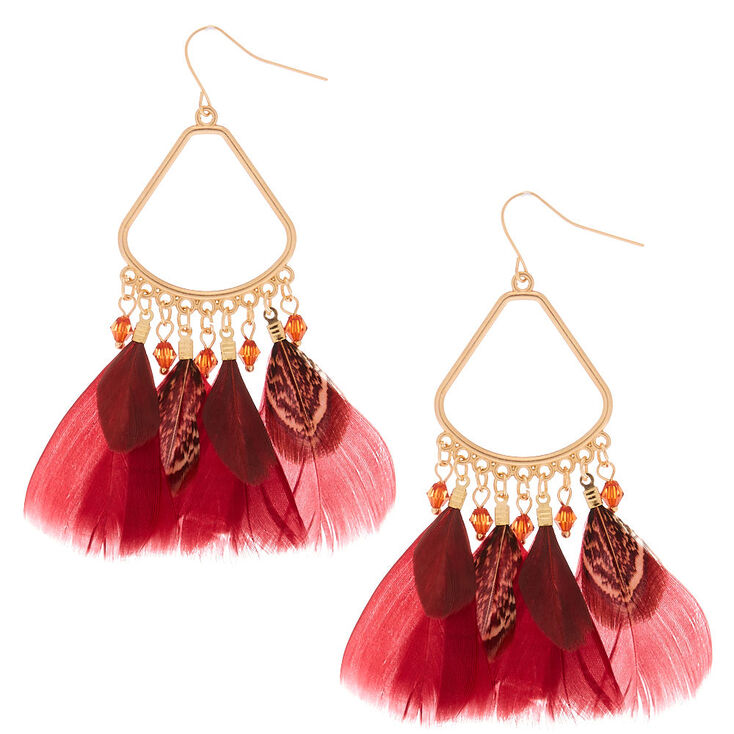 3" Feather Chandelier Drop Earrings - Red,
