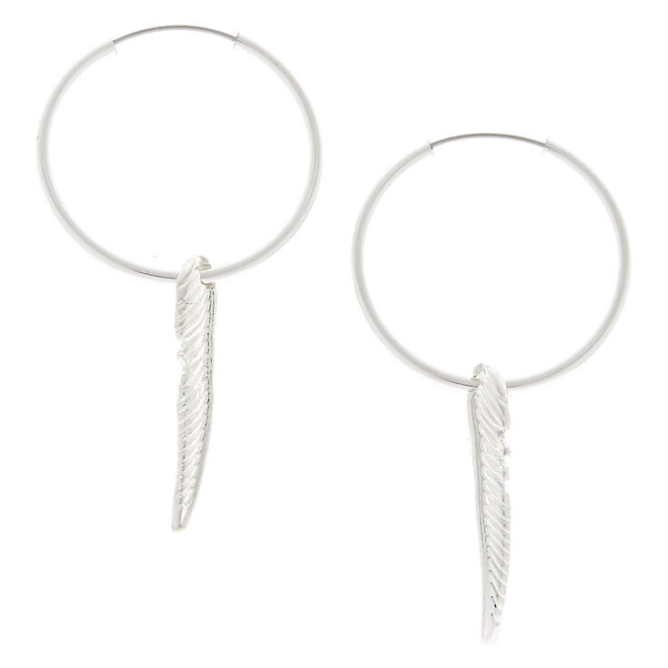 Silver 20MM Feather Hoop Earrings,