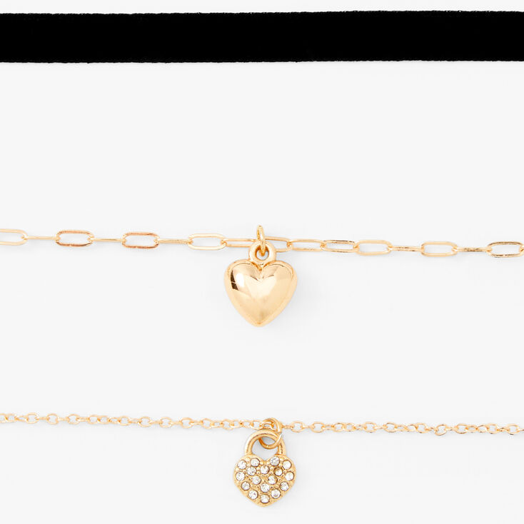 Gold Heart Locket Cord Chain Choker Necklaces - 3 Pack,