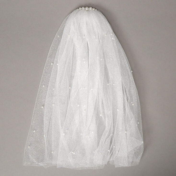 White Shoulder Length Pearl Glitter Bridal Veil,