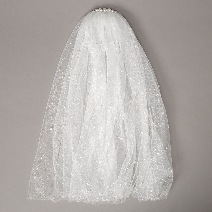 Shoulder Length Pearl Glitter Bridal Veil - White,