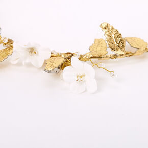 Gold-tone Metallic White Flower Crown Tie Headwrap,