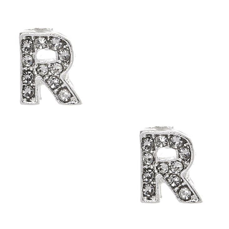 Silver Tone Clear Crystal Initial Letter "R" Stud Earrings,