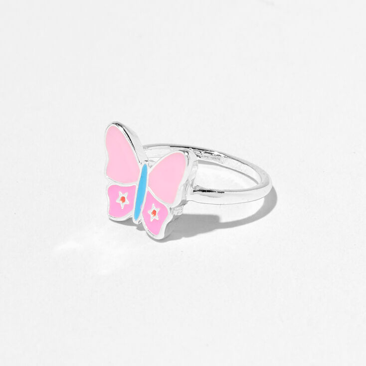 Pink Butterfly Silver Midi Ring,