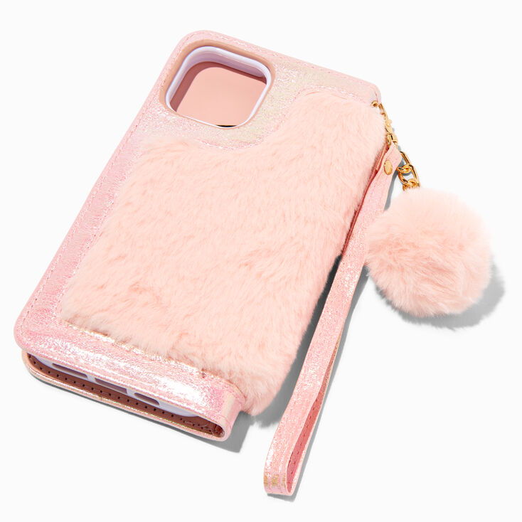 Furry Pink Wristlet Phone Case - Fits iPhone&reg; 13 Pro Max,
