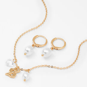 Gold Pearl &amp; Initial Necklace &amp; Earrings Set - S,