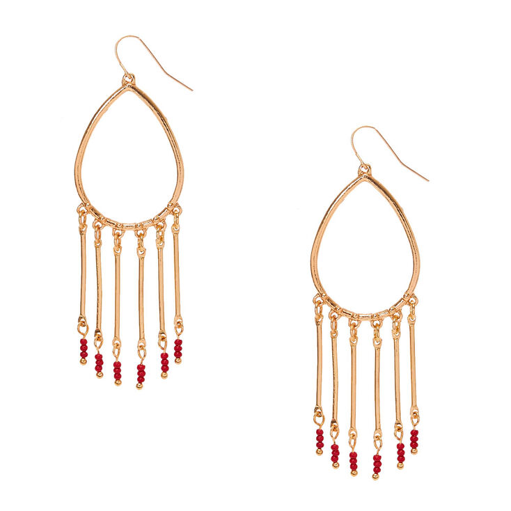 Gold Tear Drop with Red Seed Beads Drop Earrings,