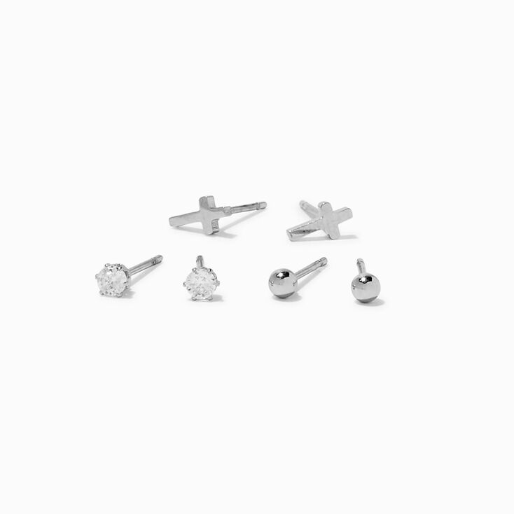 Silver-tone Stainless Steel Cubic Zirconia Cross Stud Earrings - 3 Pack,