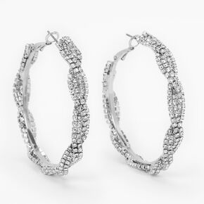 Silver Twisted Rhinestone Braid 50MM Hoop Earrings,
