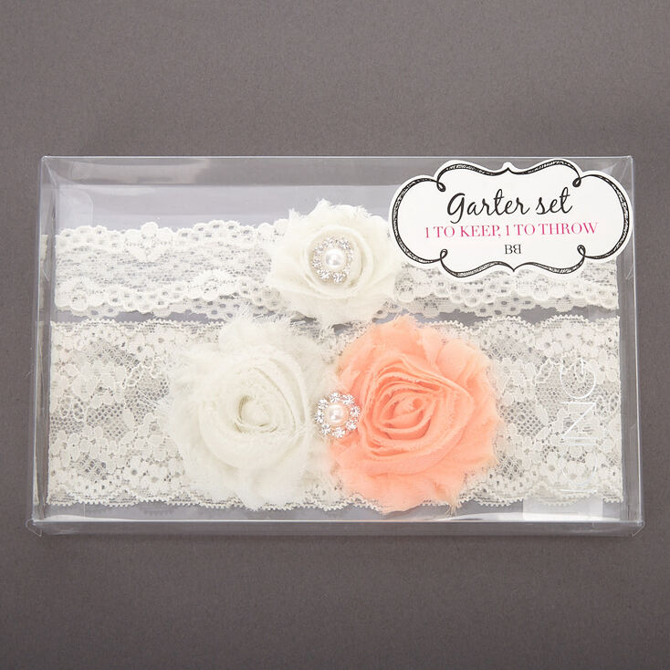 Lace Bridal Garters with Vintage Flowers - White, 2 Pack,