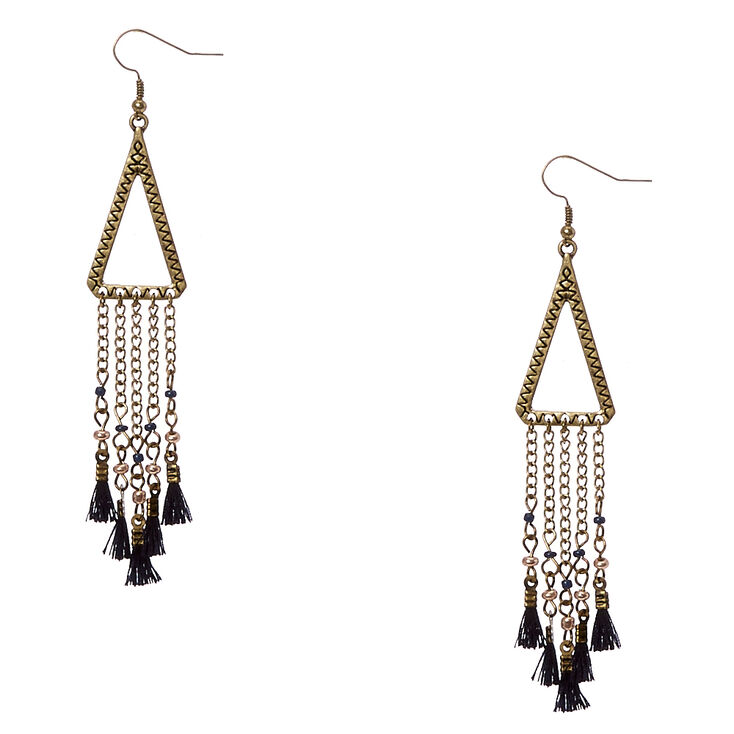 Gold Tone Open Triangular & Tassel Fringe Drop Earrings,