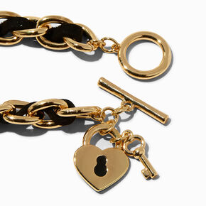 Heart Lock Toggle Chunky Black Woven Chain Link Bracelet,