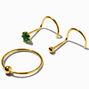 Gold Sterling Silver 22G Ball &amp; Emerald Crystal Nose Stud &amp; Hoop - 3 Pack,