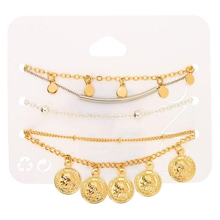 Mixed Metal Coin Chain Bracelets - 5 Pack,