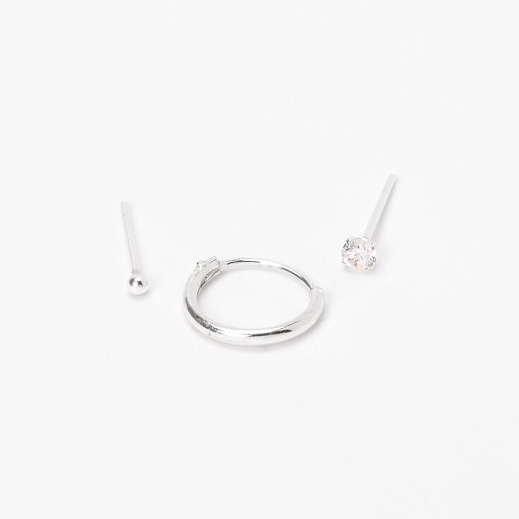 Sterling Silver 22G Cubic Zirconia Stud &amp; Hoop Nose Rings - 3 Pack,