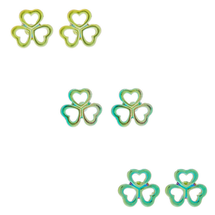 Silver Shamrock Stud Earrings - Green, 3 Pack,