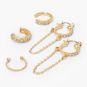 Gold Embellished Mixed Ear Cuffs &amp; Hoops - 3 Pack,
