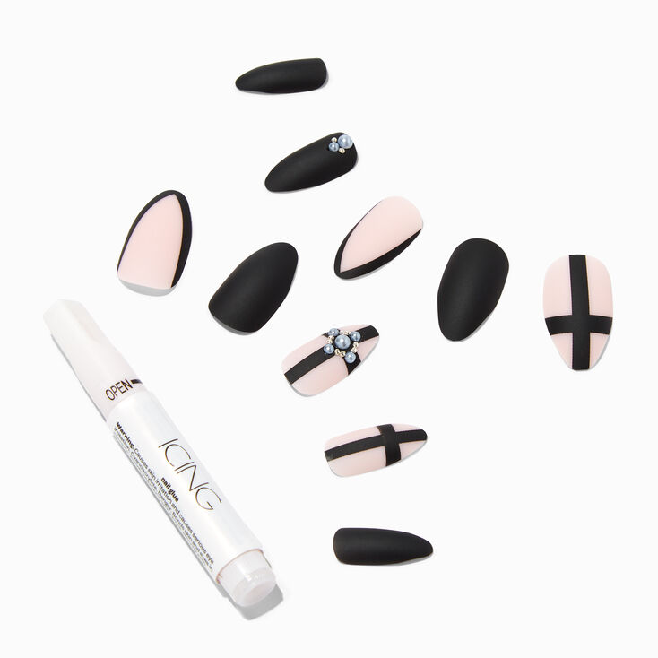 Black Cross Bling Stiletto Vegan Faux Nail Set - 24 Pack,