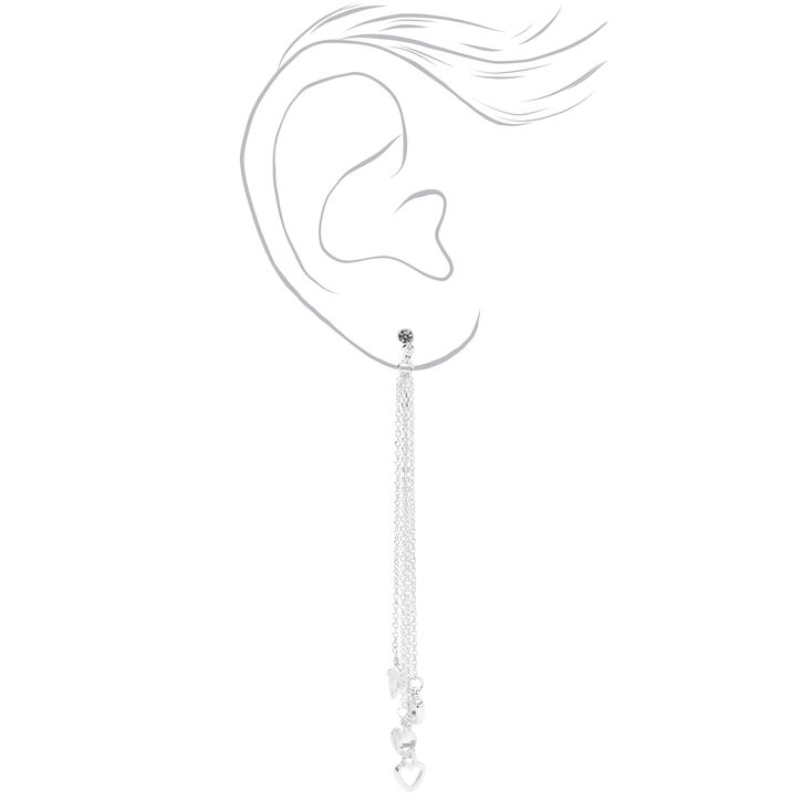 Silver 3&quot;  Crystal Heart Linear Drop Earrings,