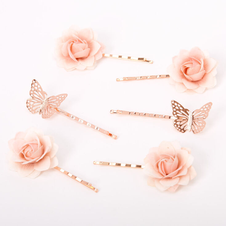 Icing Rose Gold Butterfly Flower Hair Pins - Pink, 6 Pack