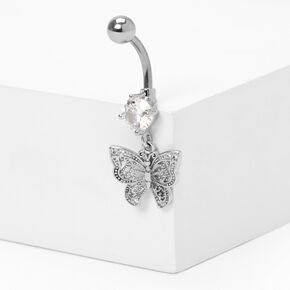 Silver 14G Crystal Butterfly Dangle Belly Ring,