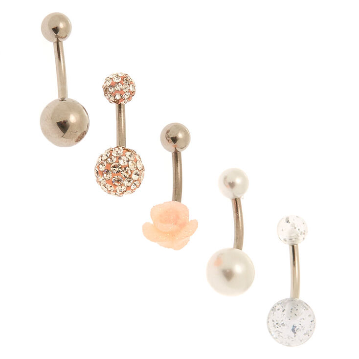 Silver 14G Flower Pearl Belly Rings - Pink, 5 Pack,