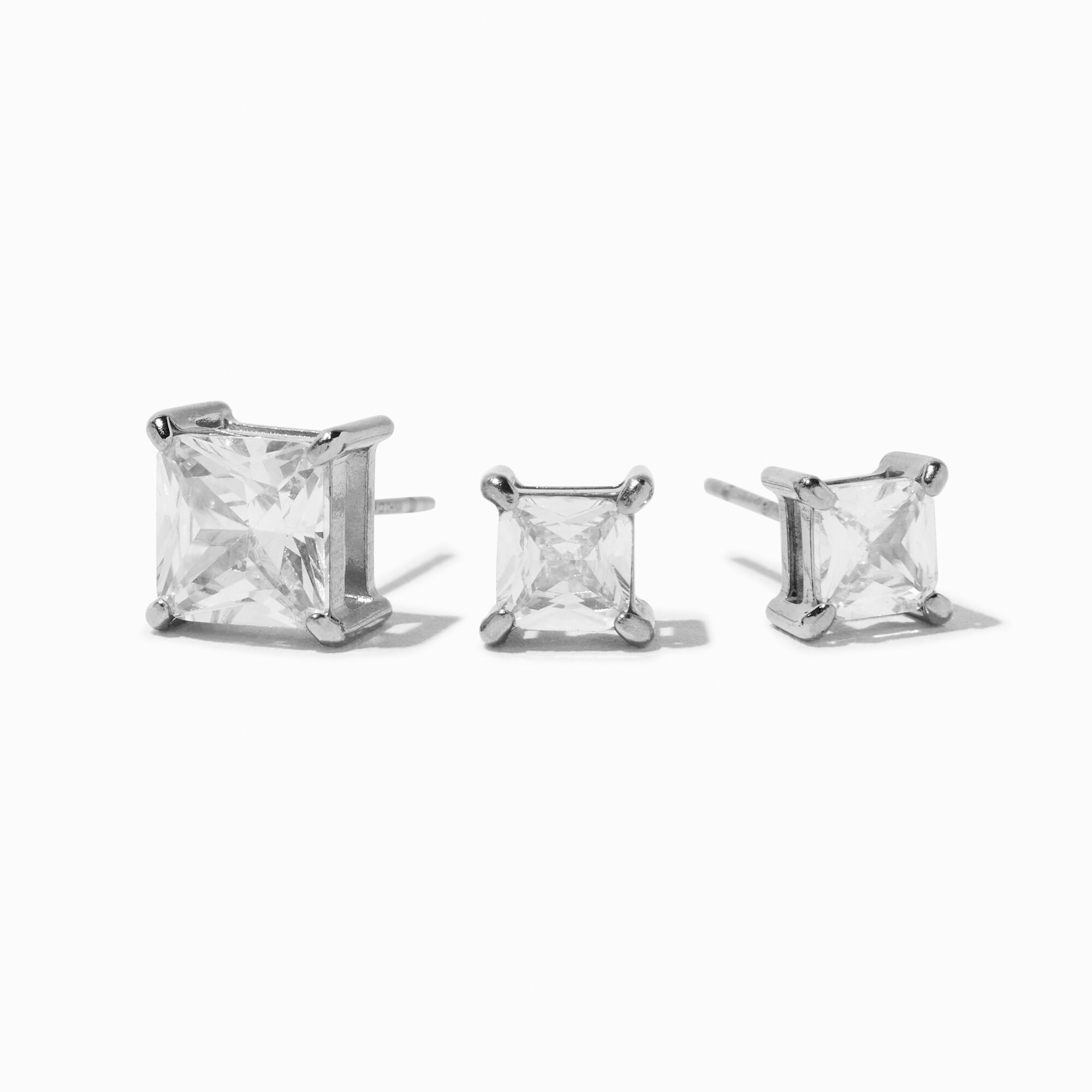 Silver tone Stainless Steel Cubic Zirconia 5MM 6MM 7MM Square Stud Earrings 3 Pack Icing US