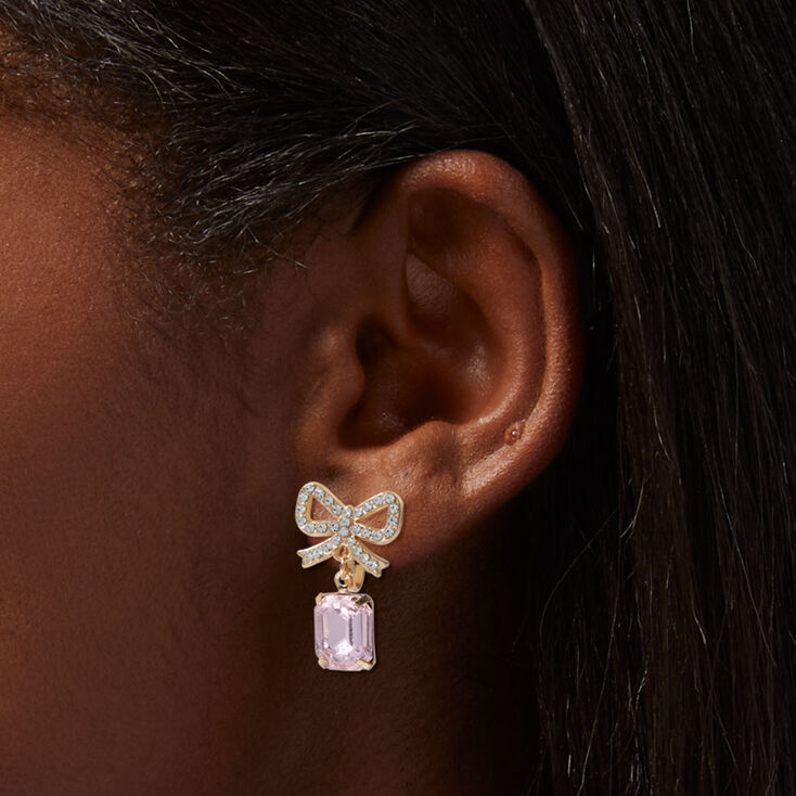 Gold-tone Pink Crystal Bow 1&quot; Clip-On Drop Earrings,