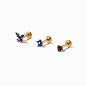 Gold 16G Blue Butterfly &amp; Flower Cartilage Earrings - 3 Pack,